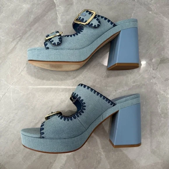 NWOT Women’s Marc Fisher Dalen Block Heel Slip On Denim Buckle Sandals Size 10 - Picture 6 of 13